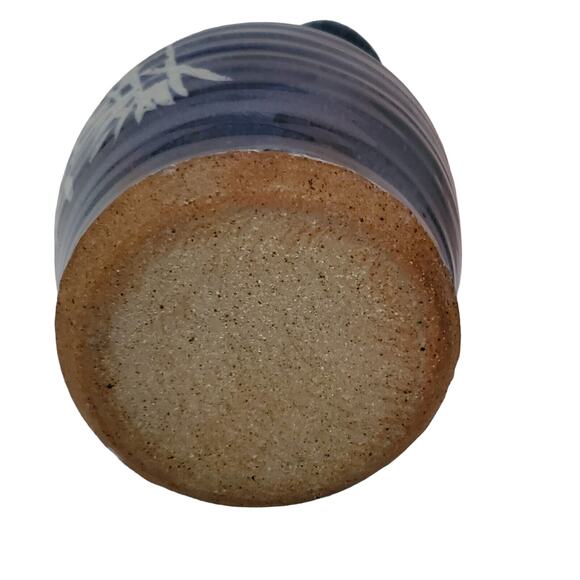 Blue White Stoneware Pitcher Pottery Jug Handmade Signed Bamboo Ewer 8" - Picture 6 of 9